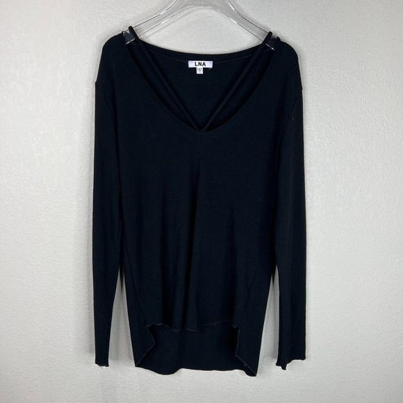LNA Womens T-Shirt Sweater Size Small Black Long Sleeve V Strappy Stretch Hi Low - Picture 1 of 12